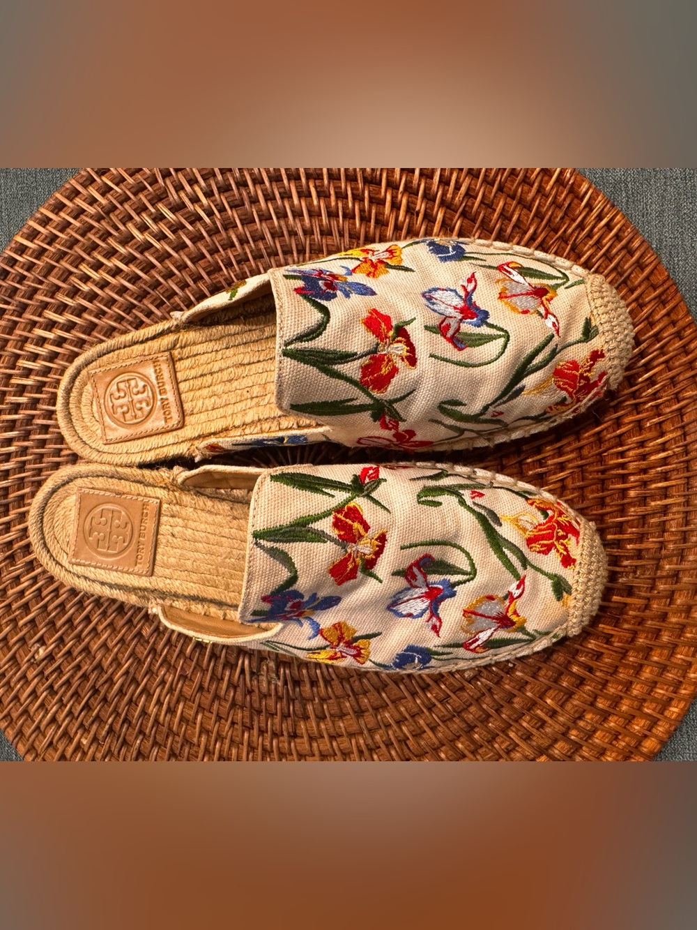 Tory Burch Cream Canvas Espadrilles with Multicolor Floral Embroidery